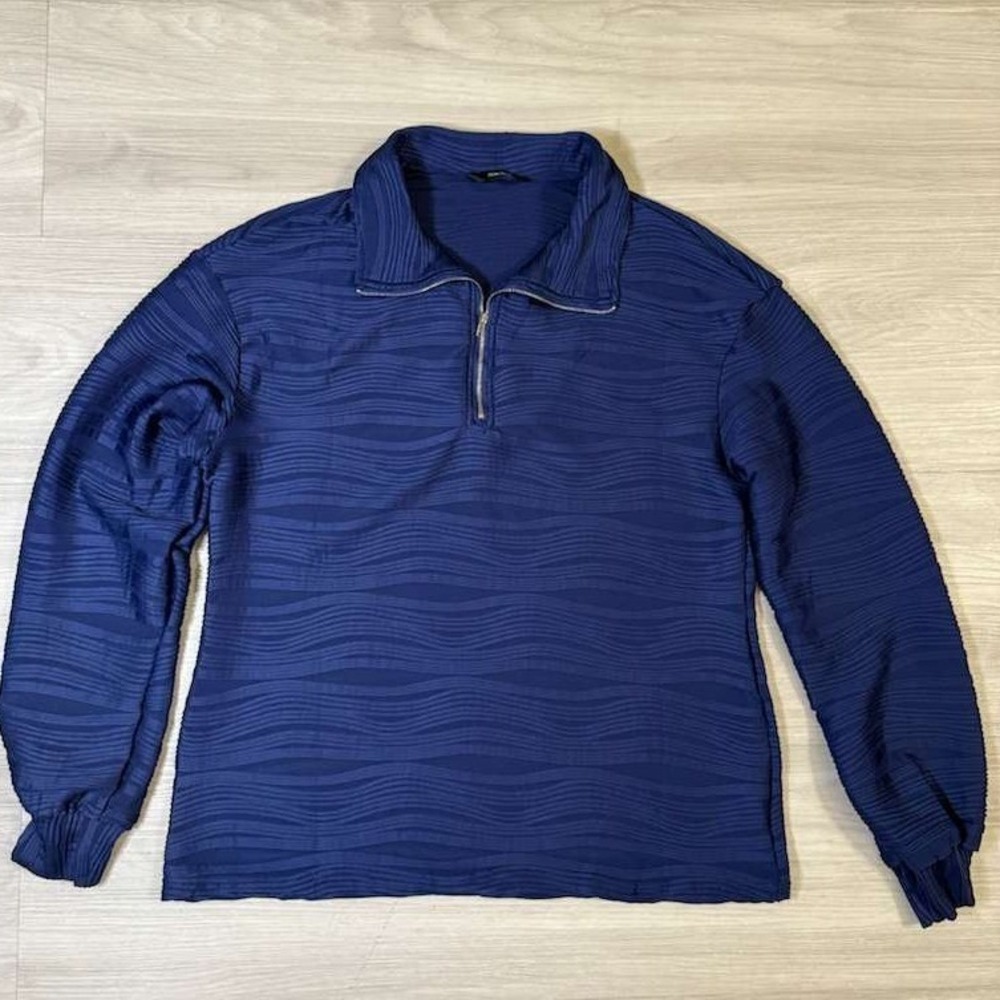 DOKOTOO Blue Textured Wave Quarter Zip Pullover Shirt Top Size L